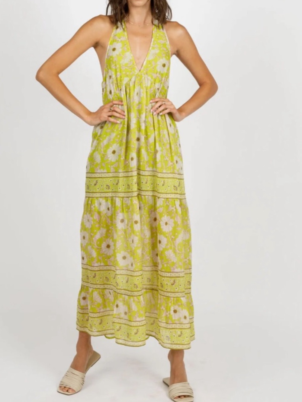 New! Band of the Free KEAHI Lime Floral Halter Maxi Dress